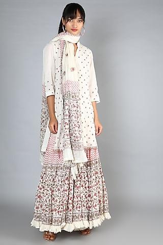 white block printed & embroidered gharara set for girls