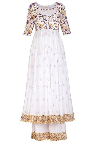 white block printed embroidered anarkali set