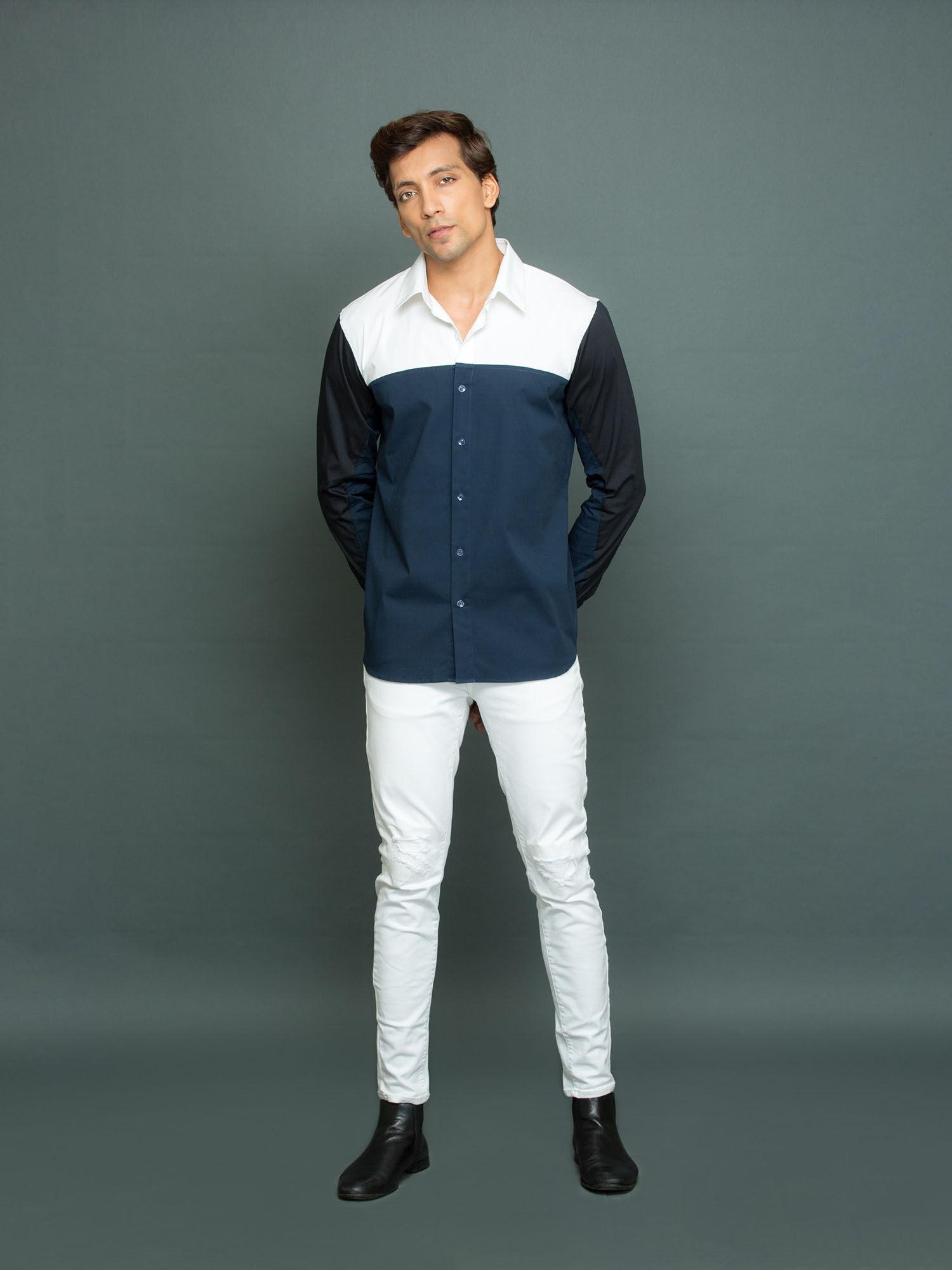 white blue black patchwork shirt