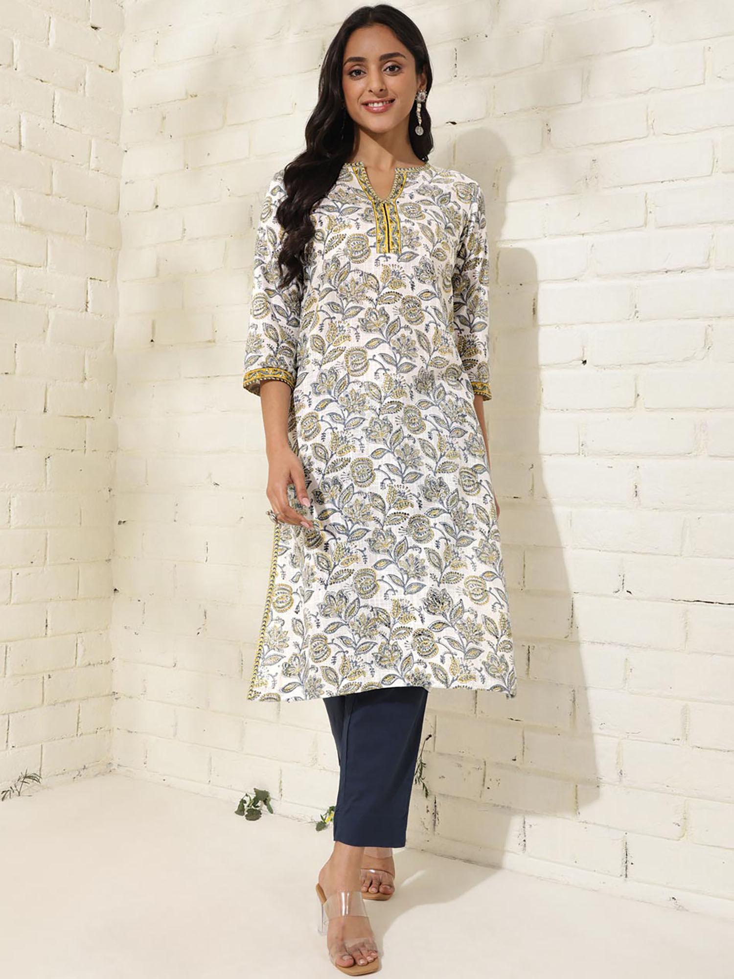 white blue cotton regular fit hand block print round neck kurta