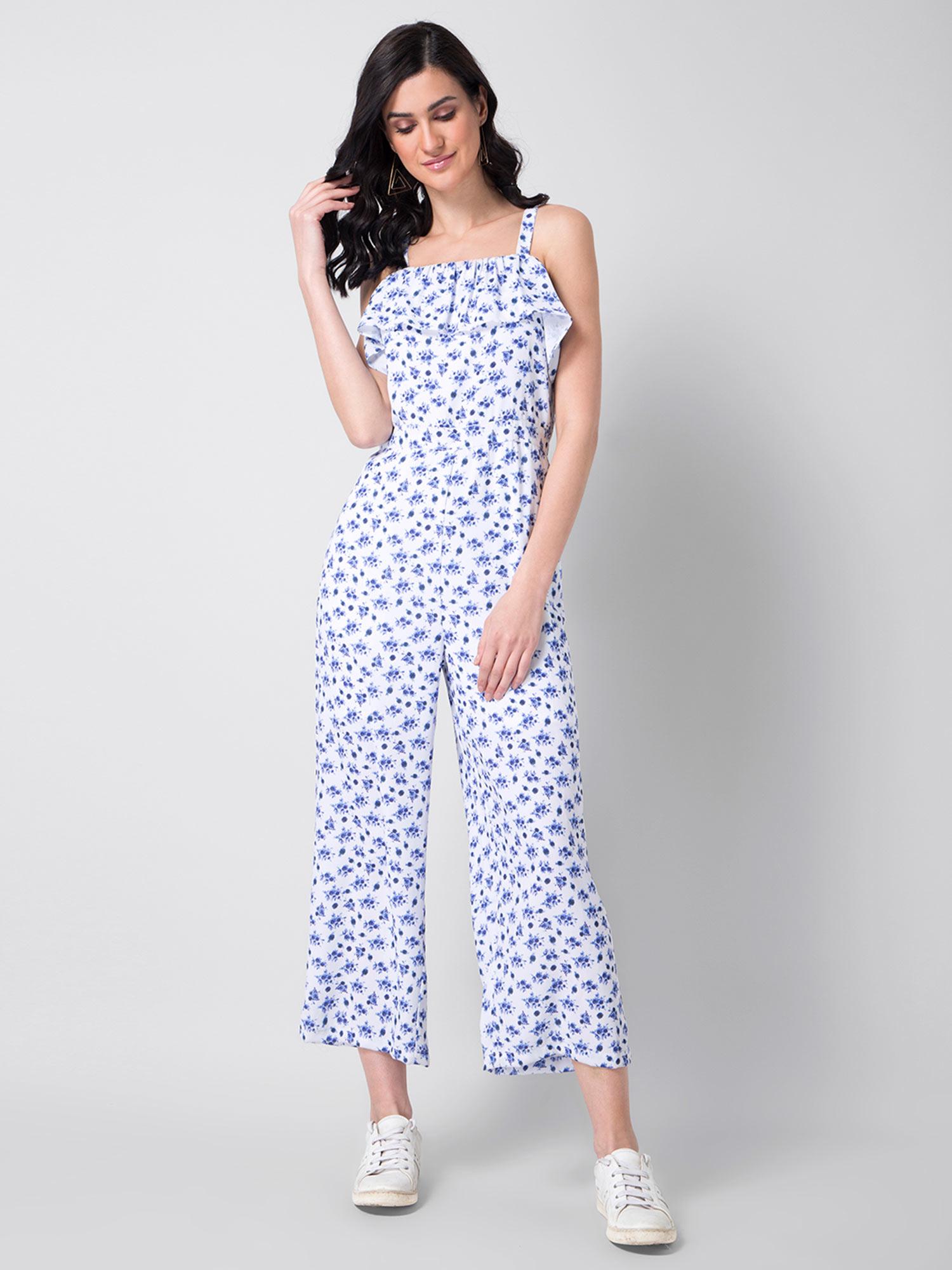 white blue floral ruffled strappy jumpsuit