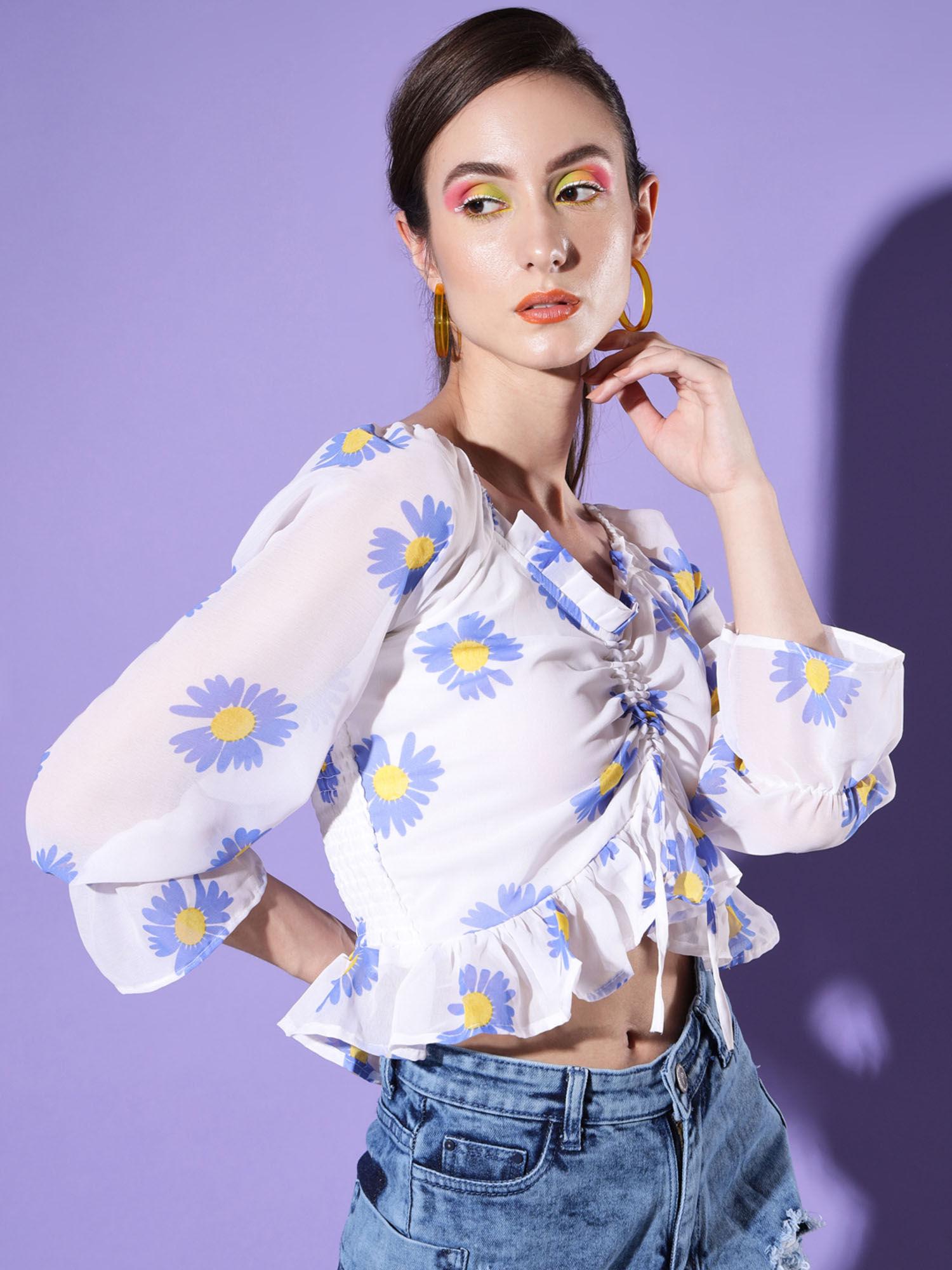 white blue flower printed georgette crop top