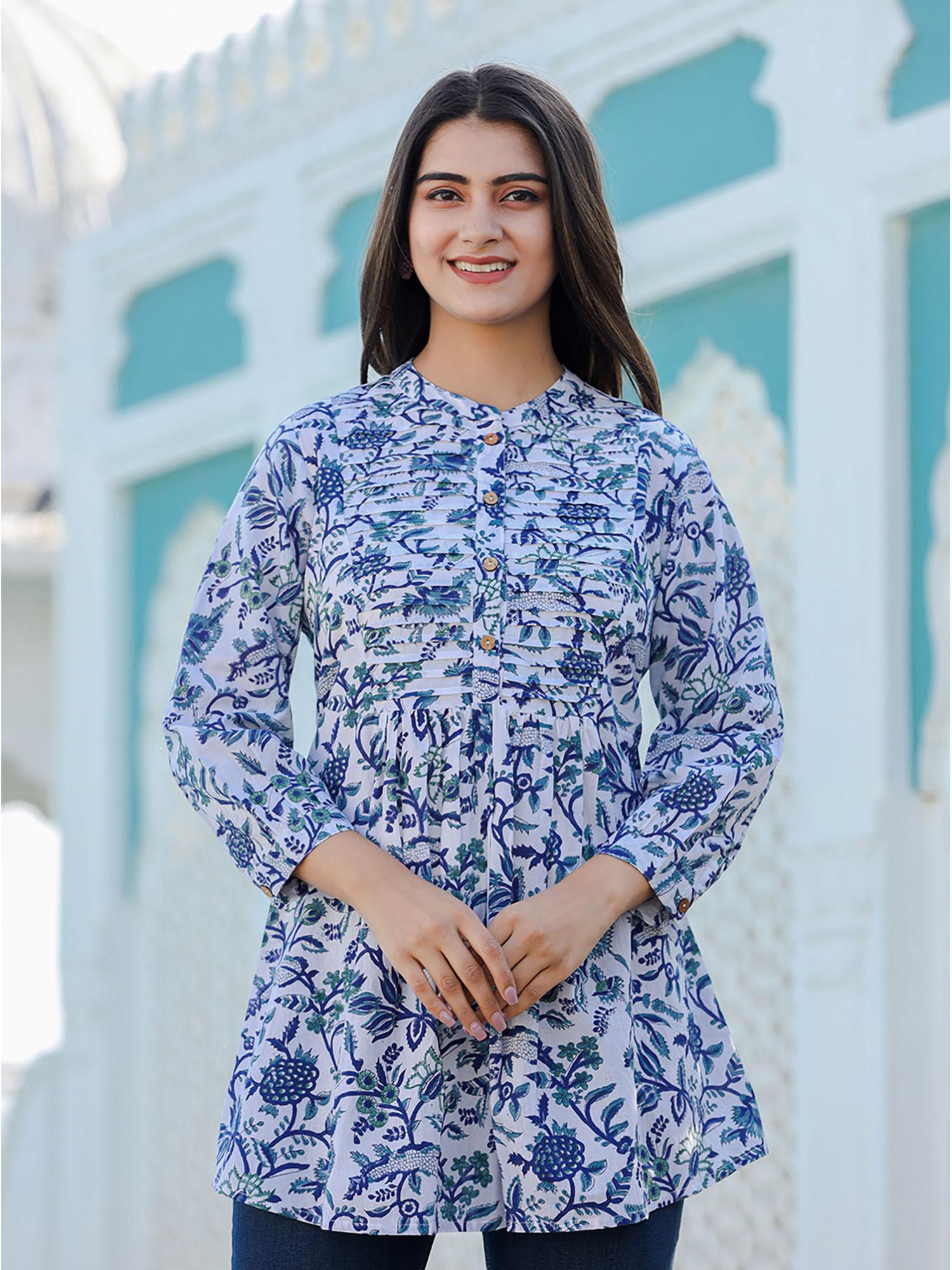 white-blue hand block printed cotton top