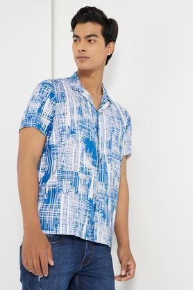 white-blue viscose digital printed half sleeves resort shirt - white