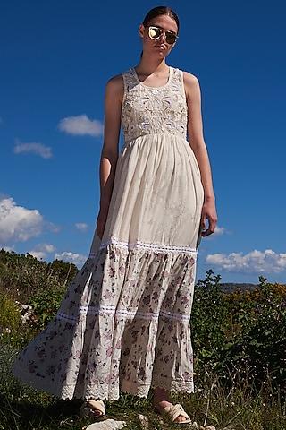 white bone crepe printed tiered maxi dress