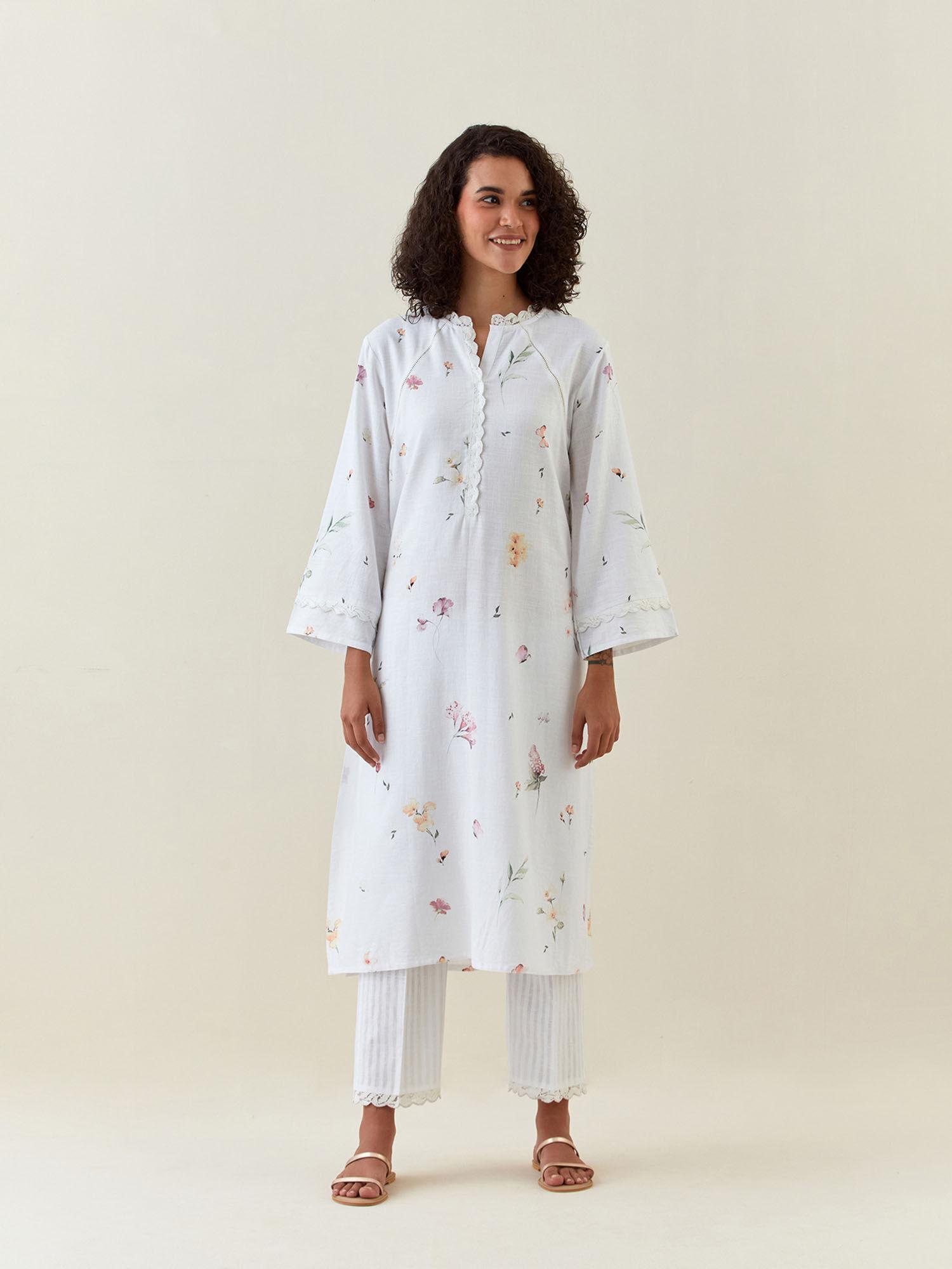 white botanical print cotton linen kurta with net placket