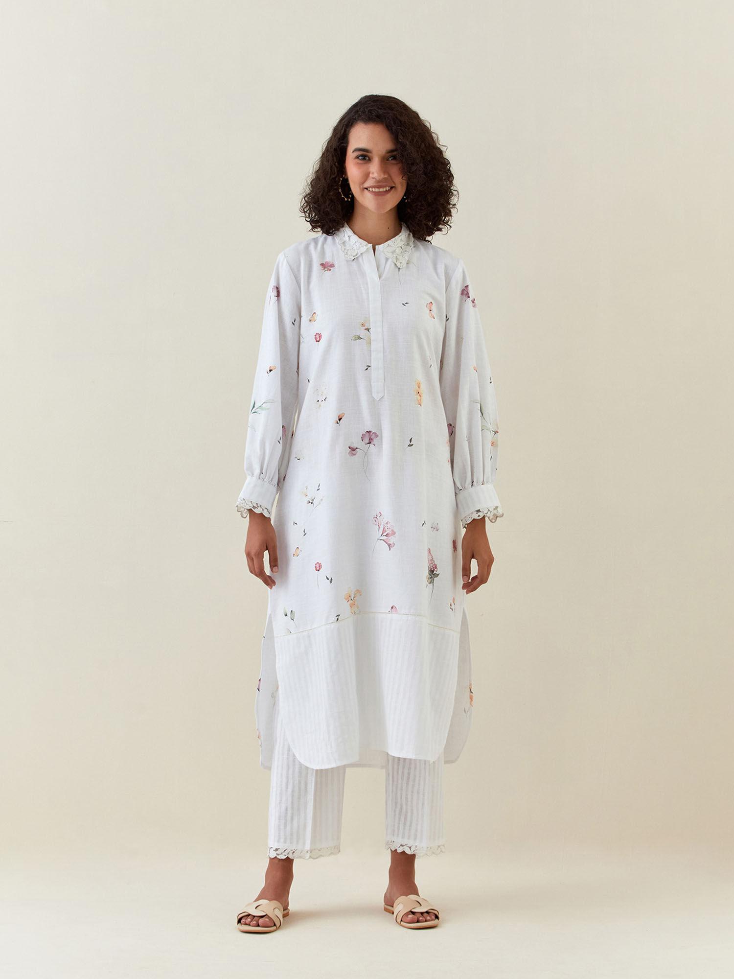 white botanical print cotton linen kurta with scalloped net collar