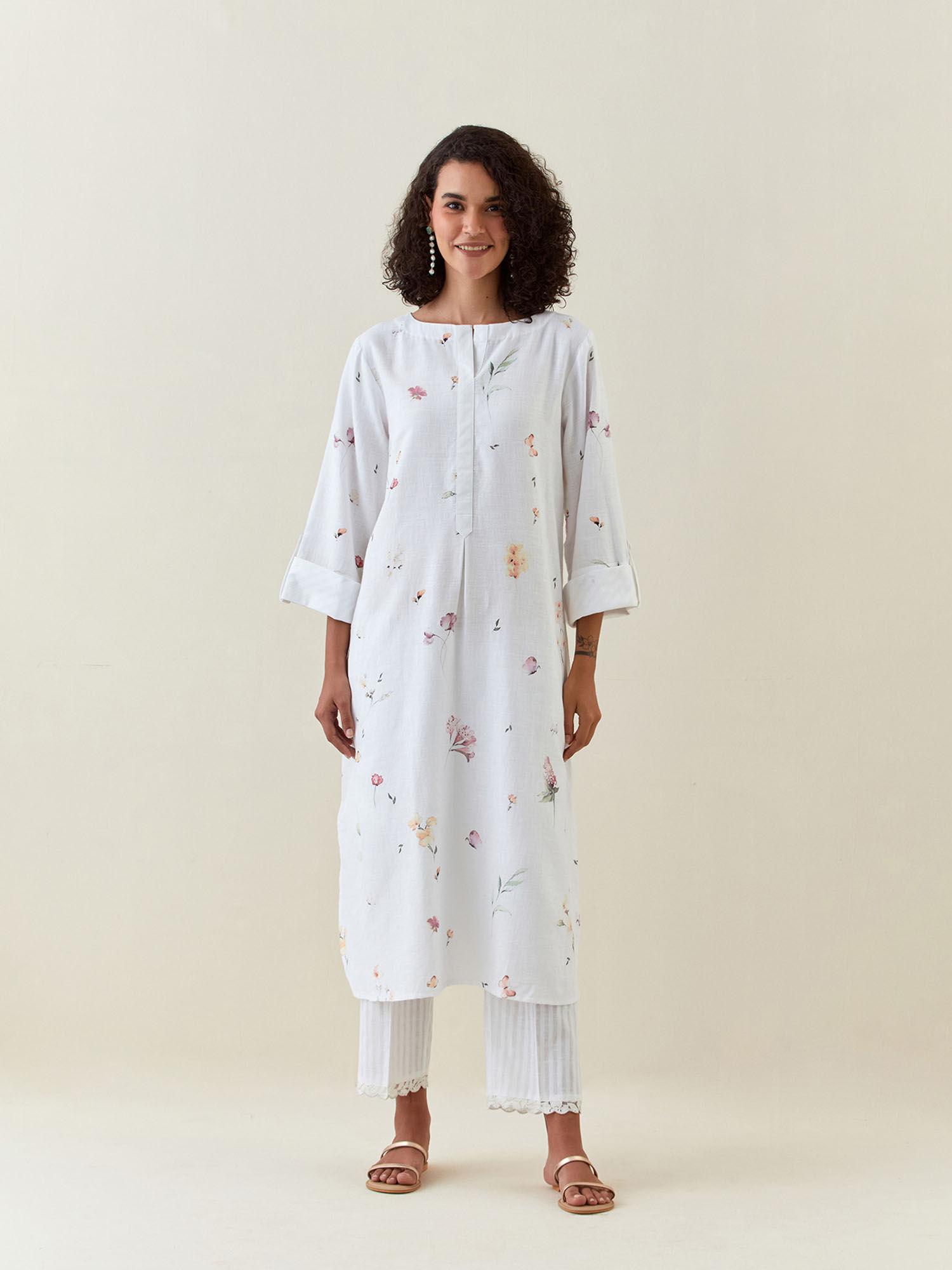 white botanical print cotton linen tunic with pocket