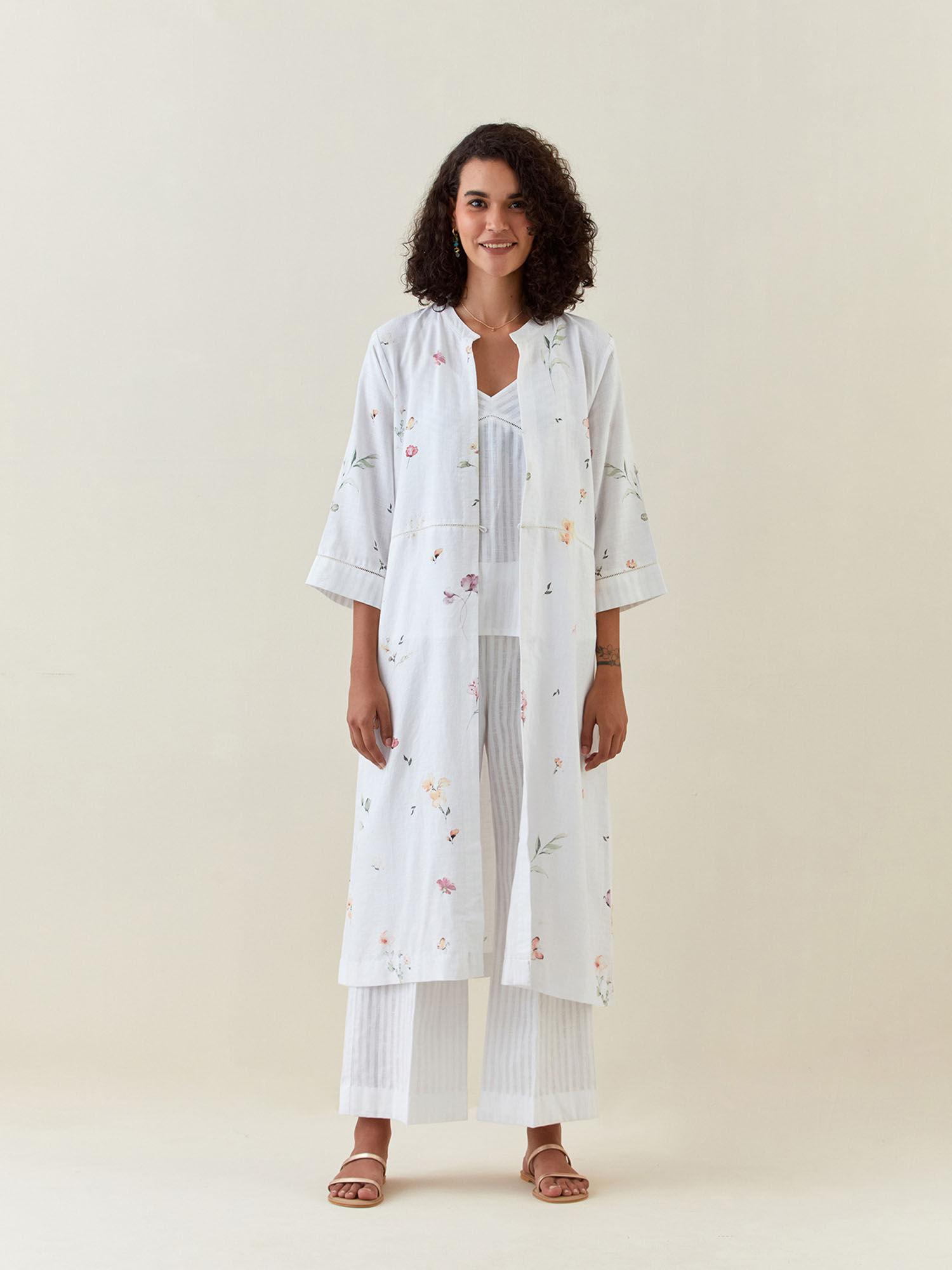 white botanical print front open cotton linen jacket