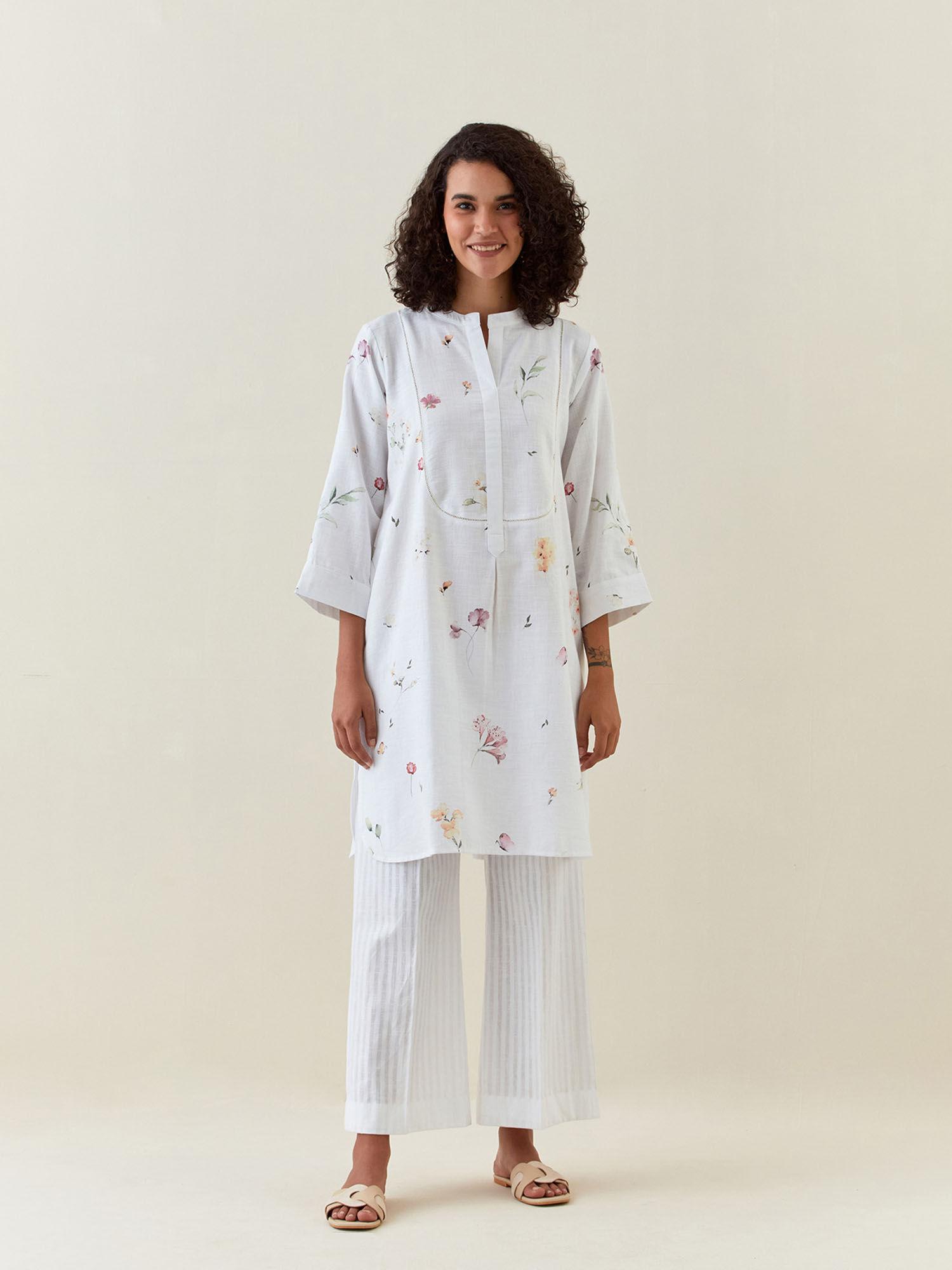 white botanical print mid length cotton linen kurta with yoke placket