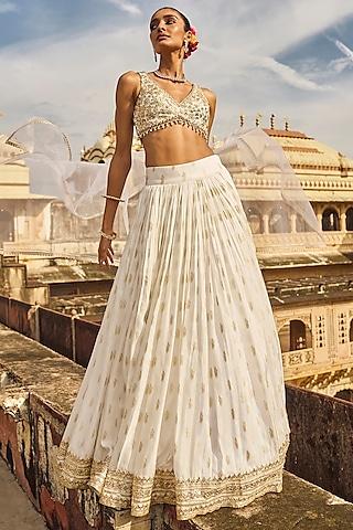 white brocade & crepe thread embroidered lehenga set