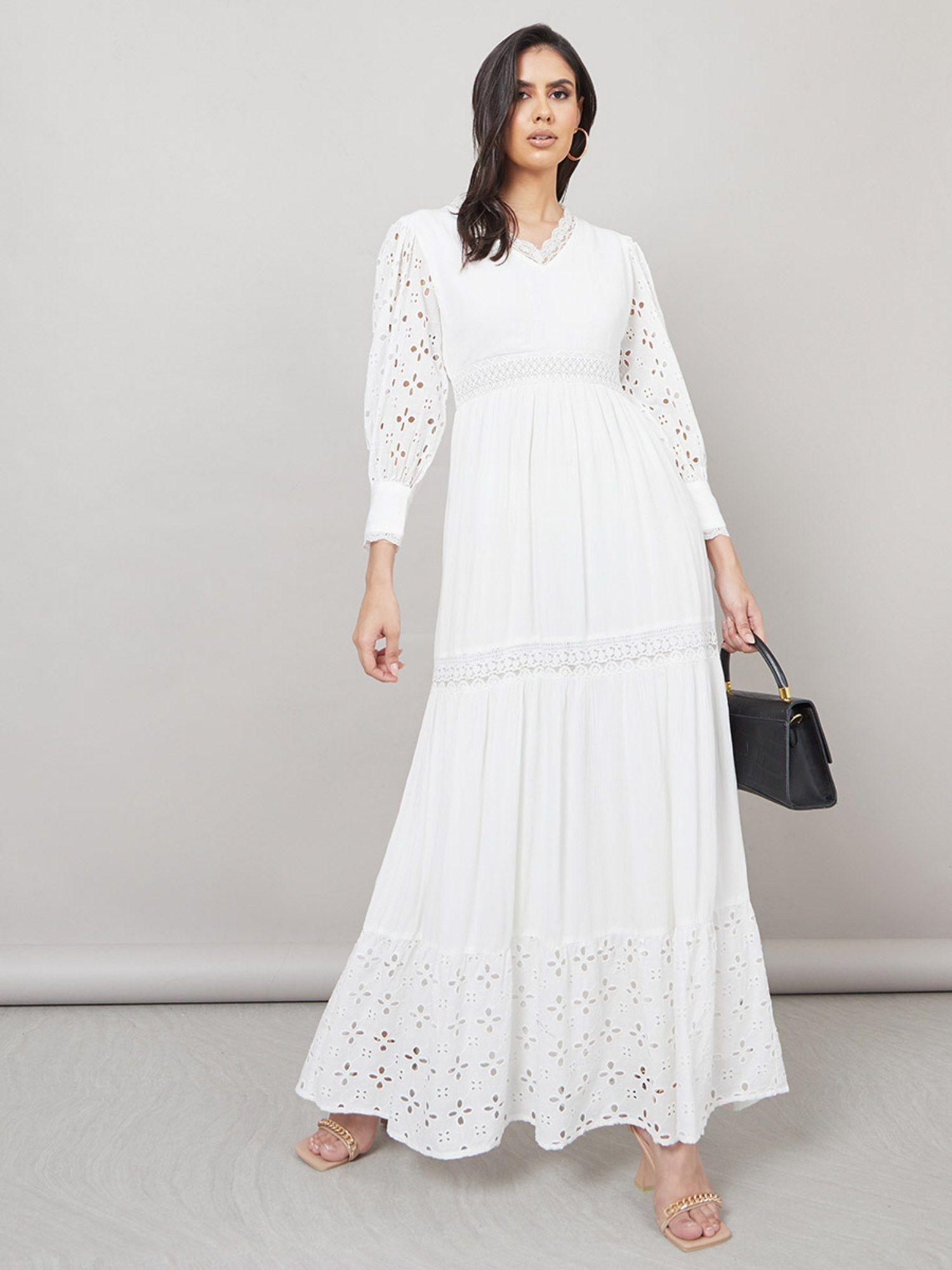 white broderie detail lace insert a-line maxi dress