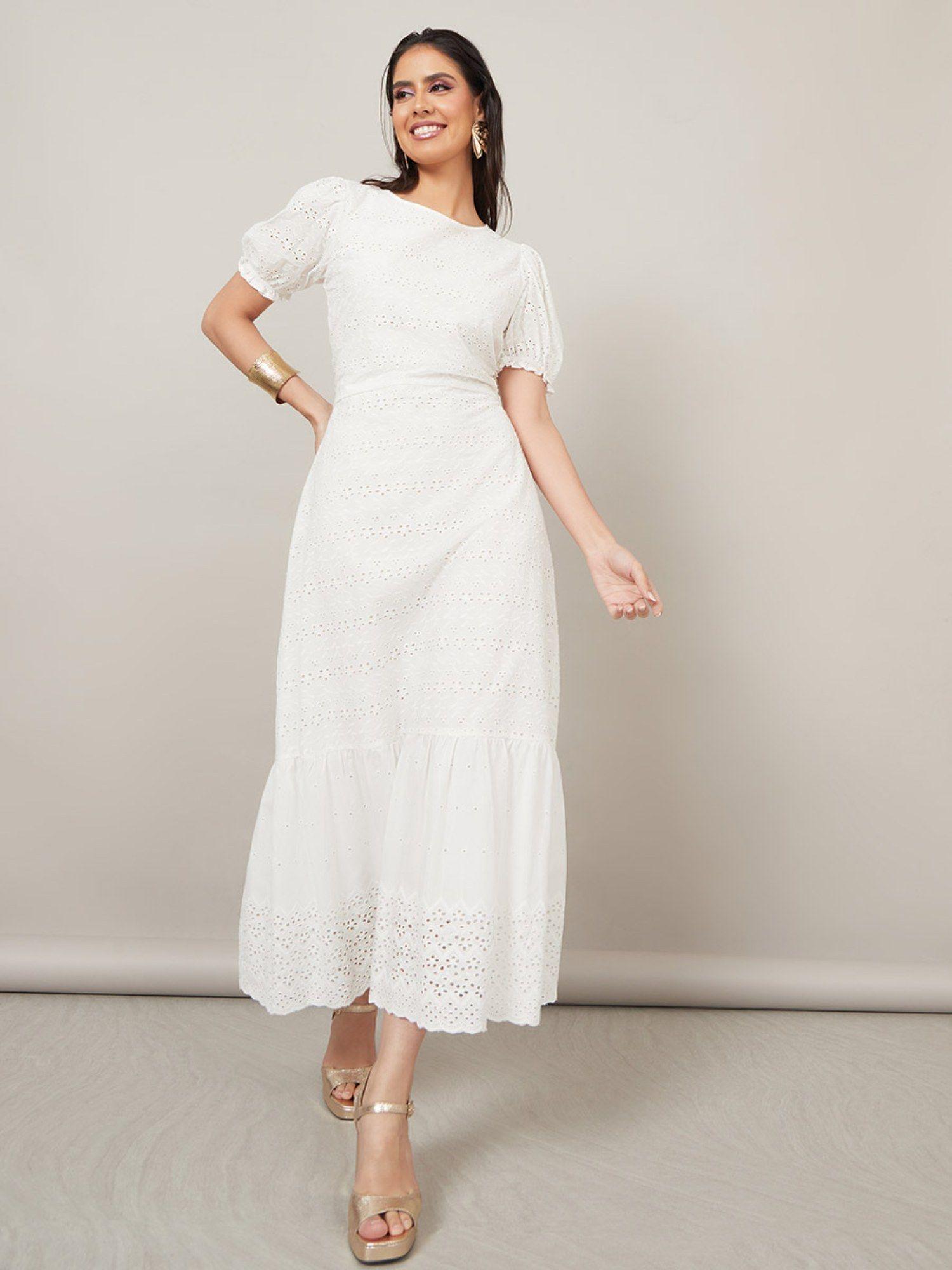white broderie puff sleeves a-line midi dress with back tie up