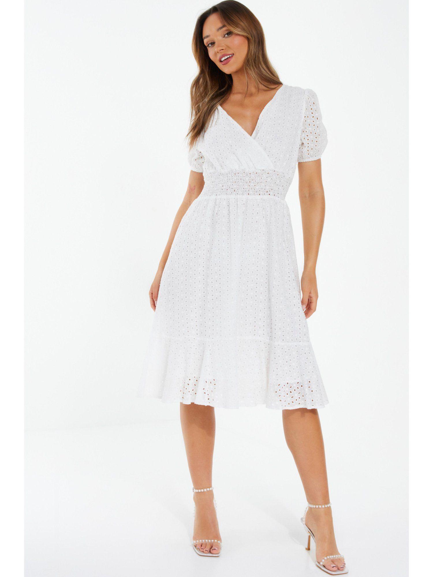 white broderie sheered waist midi dress