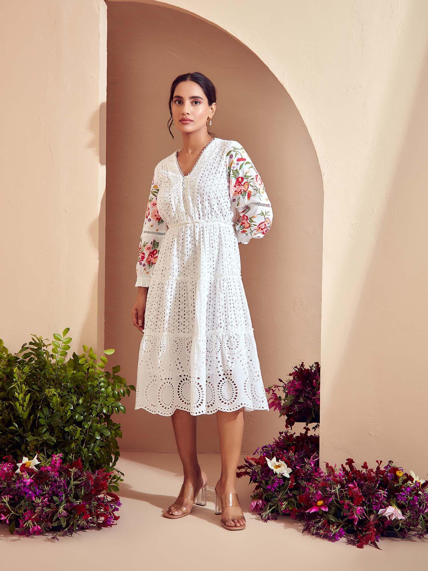 white broderie tiered midi embroidered dress