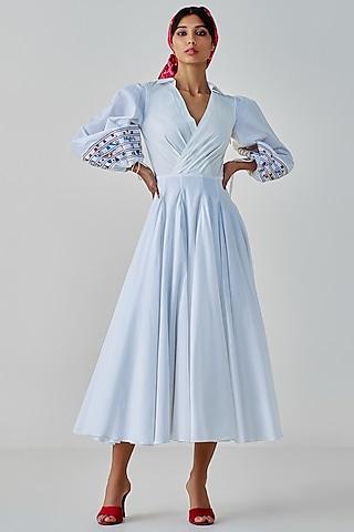 white cambric & poplin hand embroidered wrap style midi dress