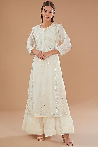 white chanderi & cotton mirror embroidered kurta set