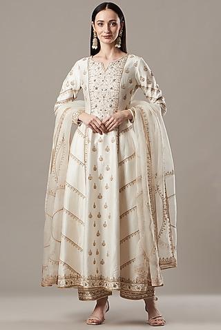 white chanderi embroidered anarkali set