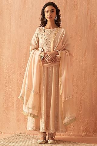 white chanderi embroidered angrakha anarkali set