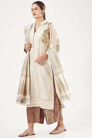 white chanderi embroidered kurta set