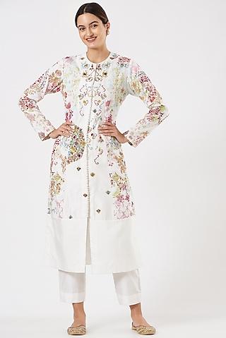 white chanderi embroidered kurta set