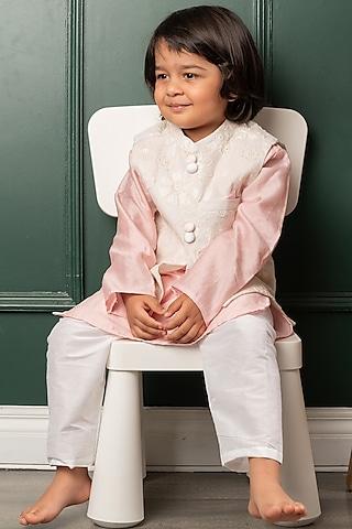 white chanderi embroidered nehru jacket set for boys
