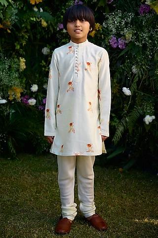 white chanderi hand block printed kurta set for boys