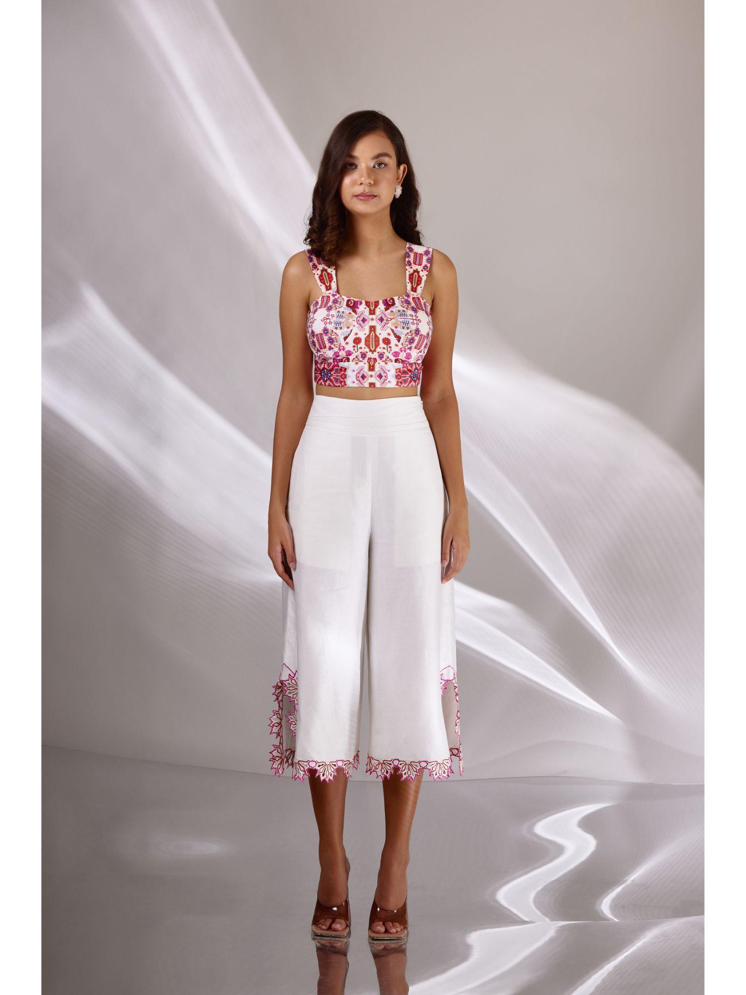 white chanderi silk embroidered culottes