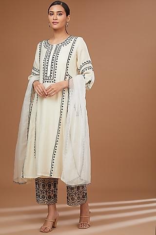 white chanderi silk thread embroidered kurta set