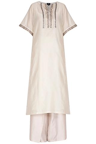 white chanderi silk thread hand embroidered kurta set