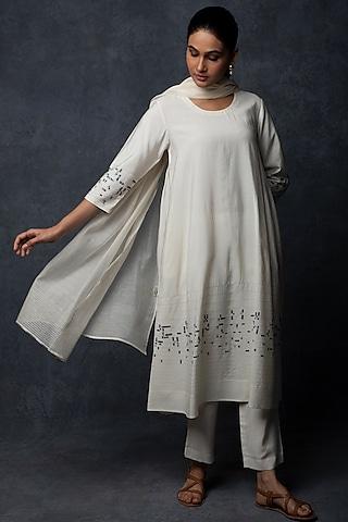 white chanderi thread embroidered a-line kurta set