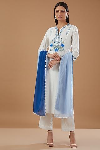 white chanderi thread embroidered kurta set
