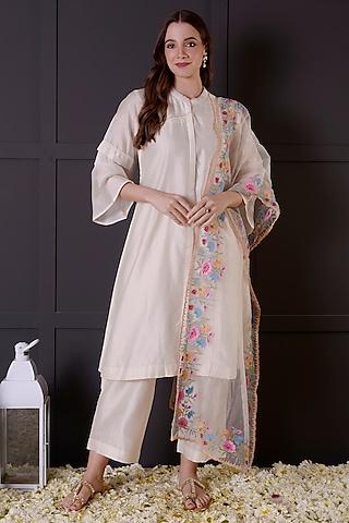 white chanderi thread embroidered kurta set