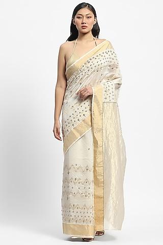 white chanderi thread embroidered saree