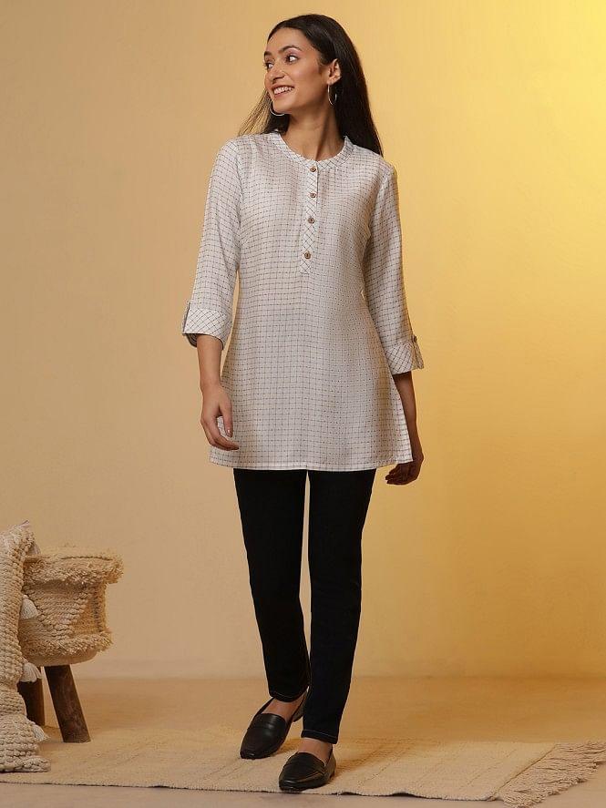 white check printed yarn-dyed kurta and denim set