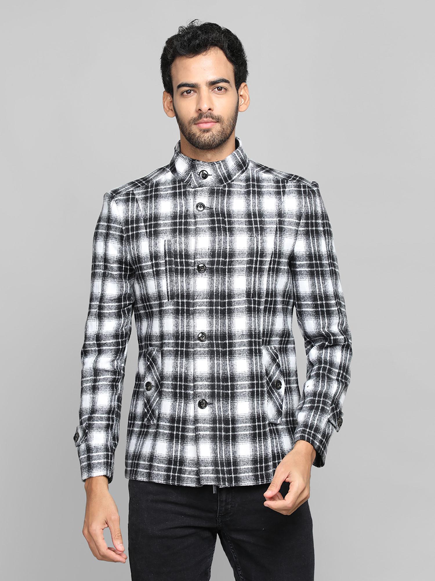 white checked stand collar coats