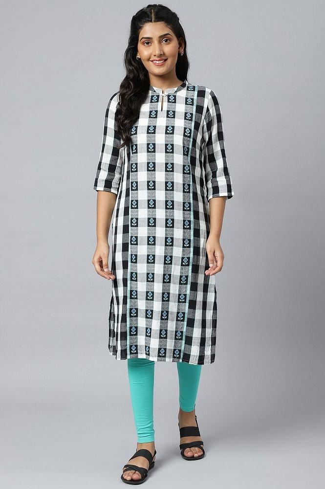 white checker print kurta in mandarin collar