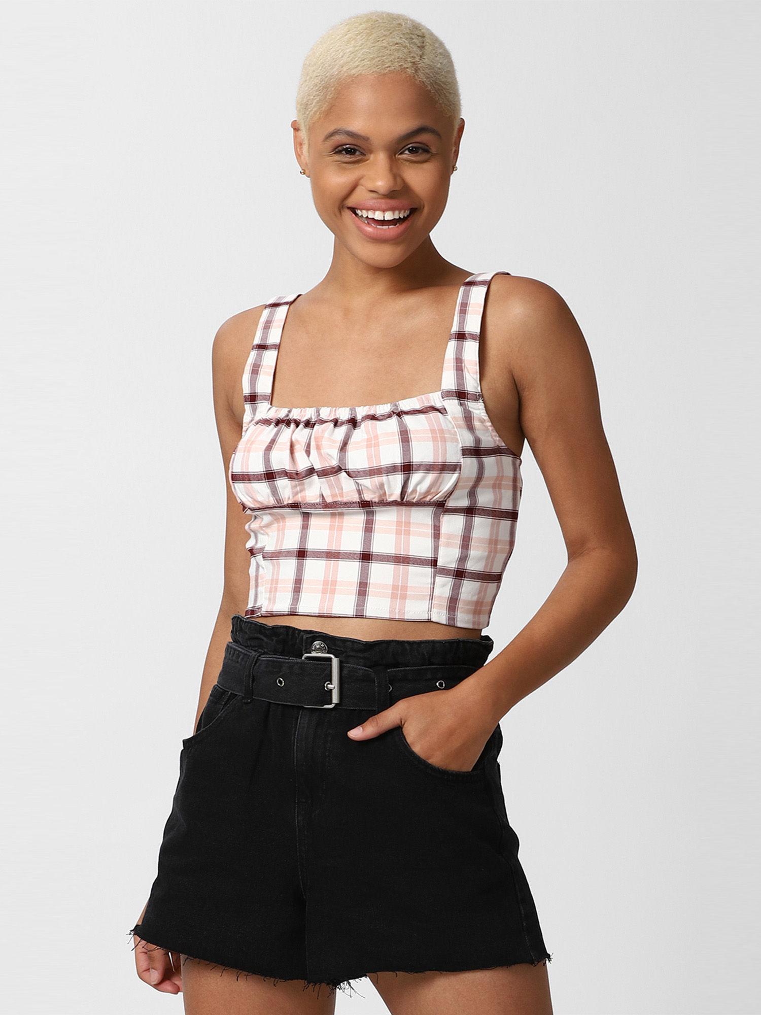 white checks ruched plaid crop top