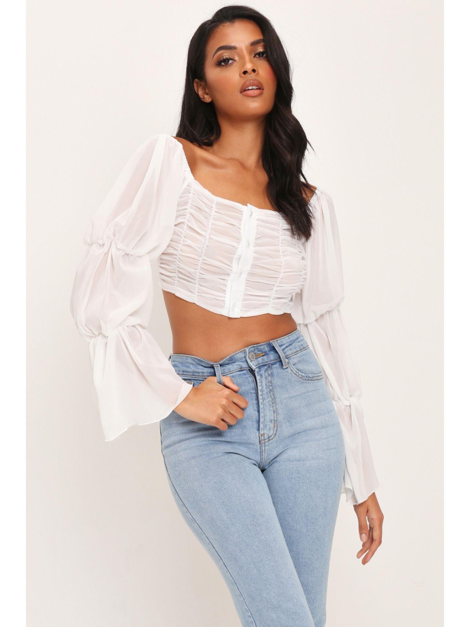 white chiffon button front milk maid crop top