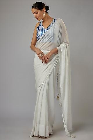 white chiffon lace embroidered saree set