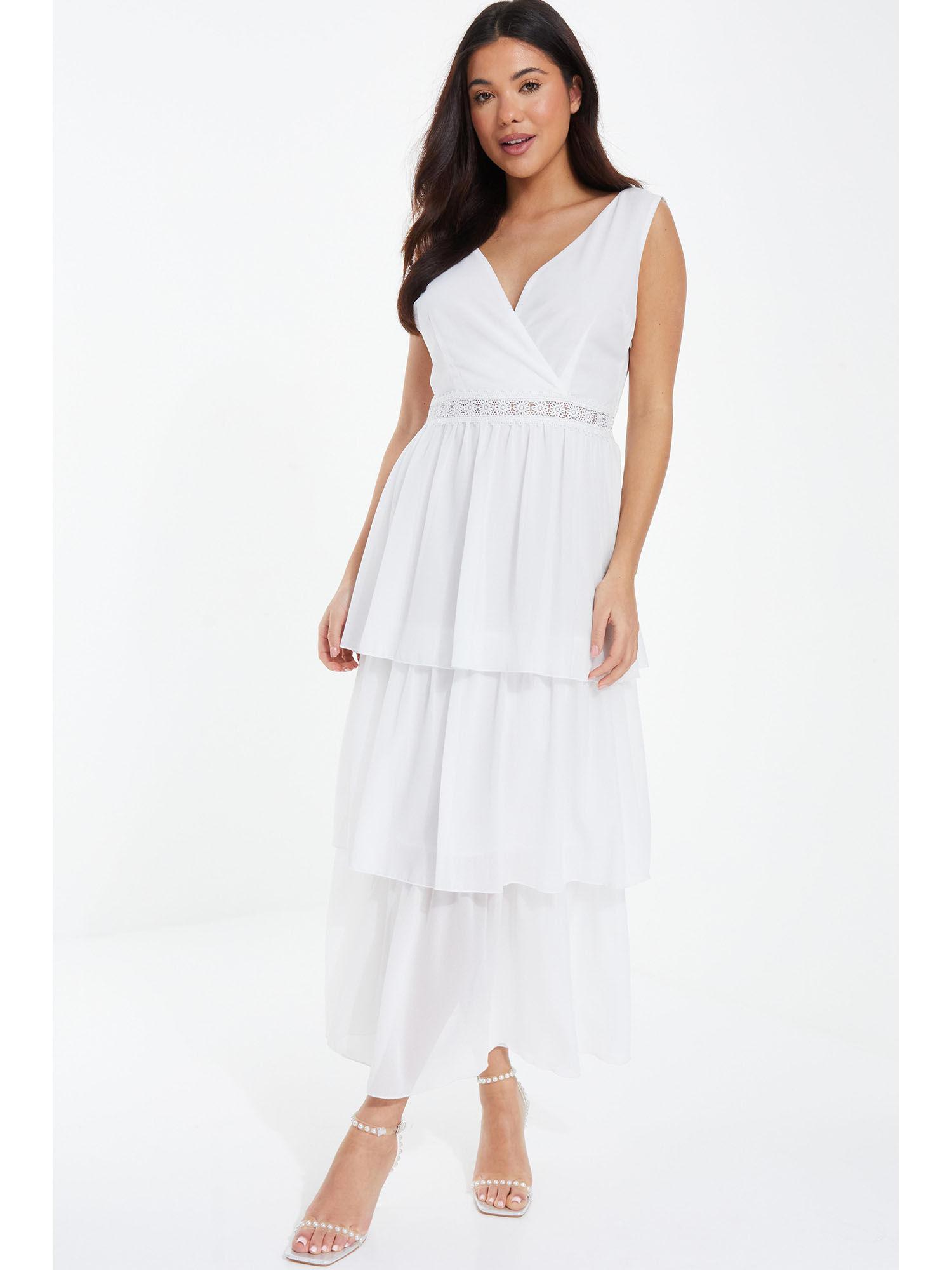 white chiffon lace trim tiered midi dress