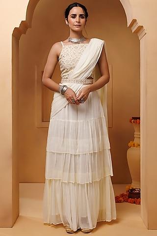 white chiffon ready-to-wear pre-stitched ruffled saree set