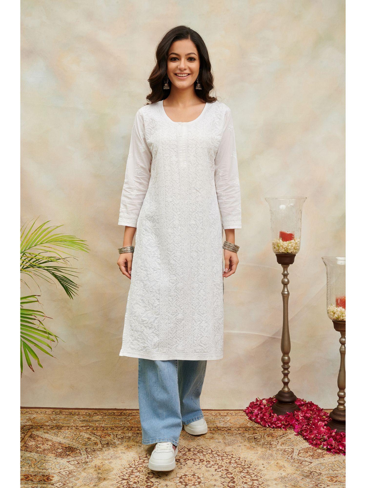 white chikankari cotton designer kurta