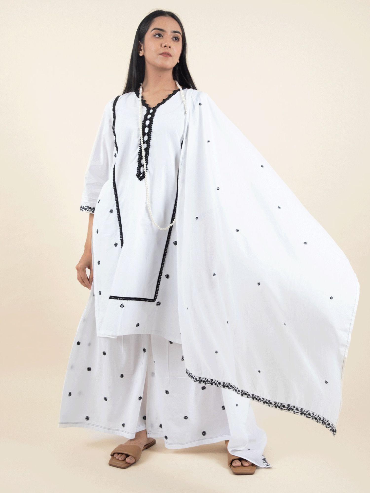 white chikankari cotton kurta with matching sharara and dupatta (set of 3)