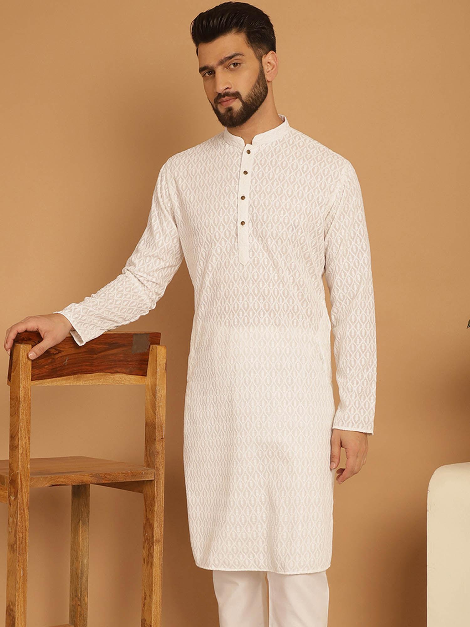 white chikankari embroidered kurta