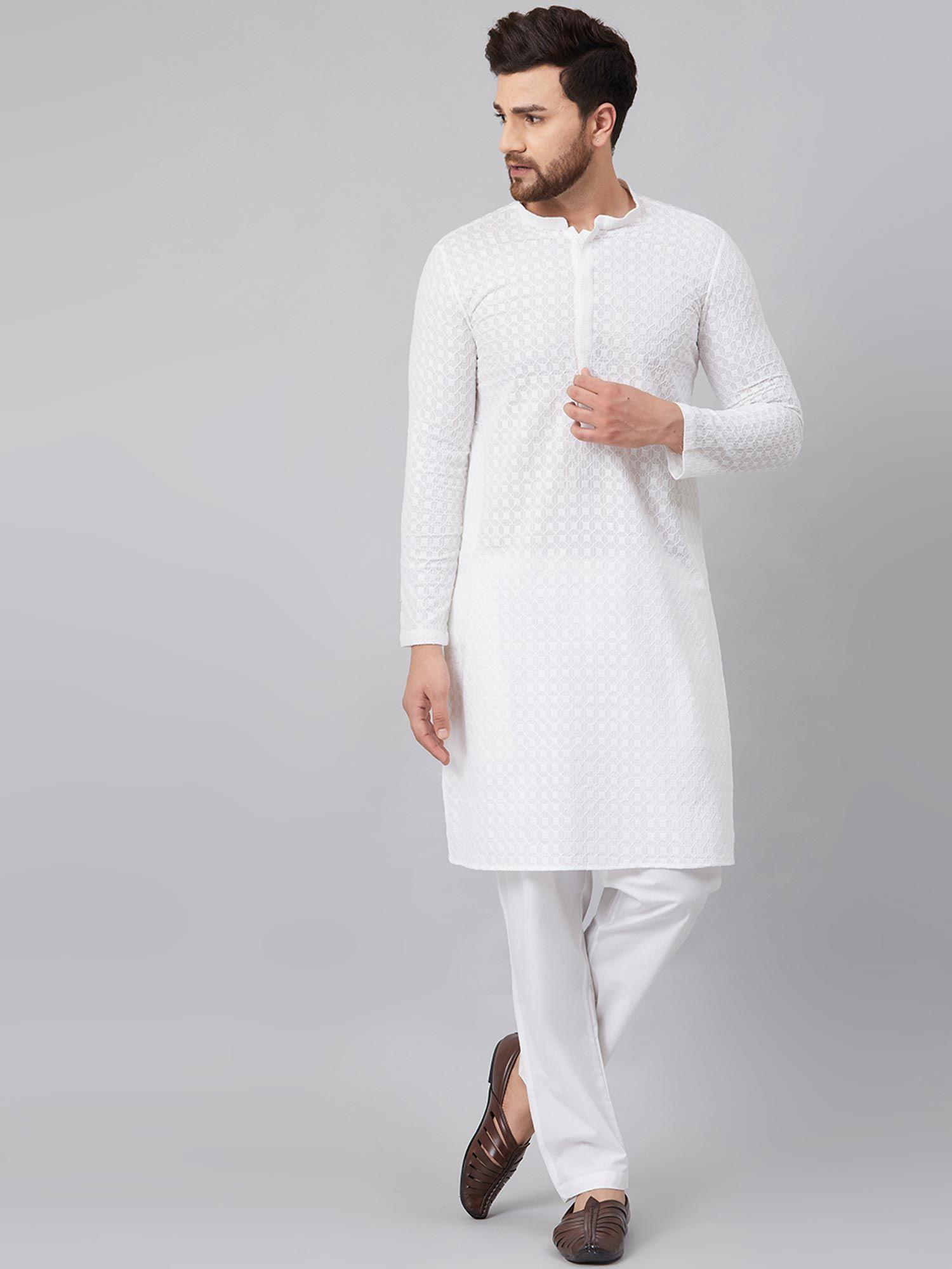 white chikankari embroidered woven design straight kurta set