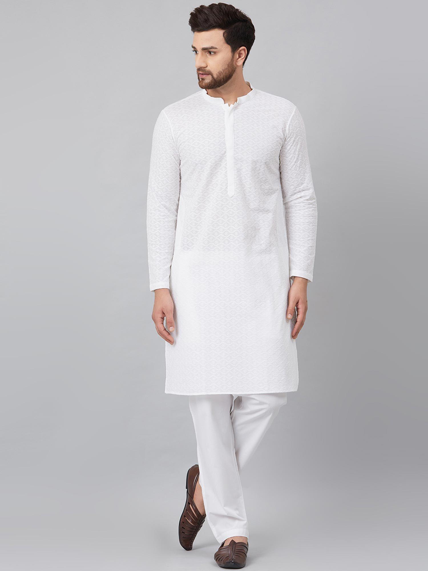 white chikankari embroidered woven design straight kurta set