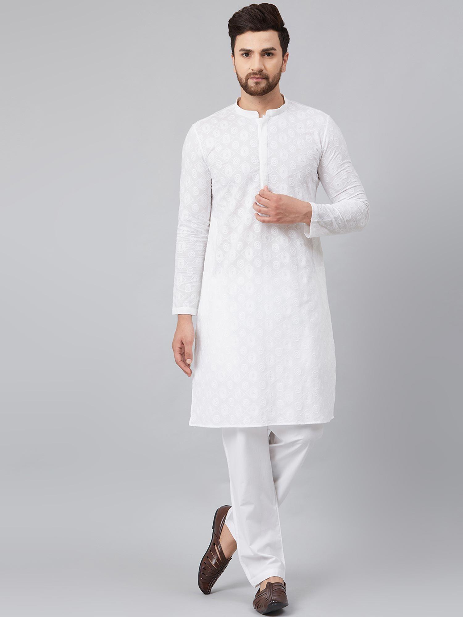 white chikankari embroidered woven design straight kurta with pyjama (set of 2)