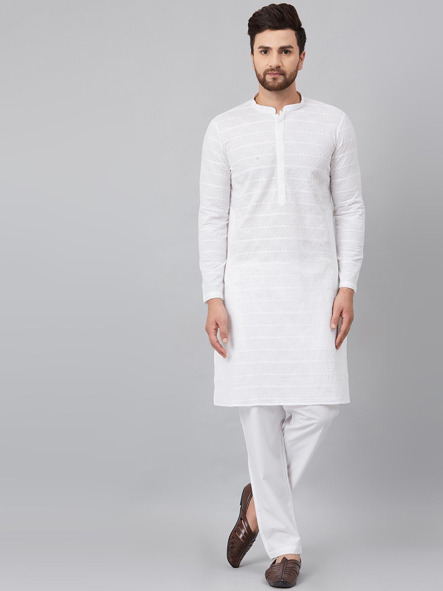 white chikankari embroidered woven design straight kurta with pyjama (set of 2)