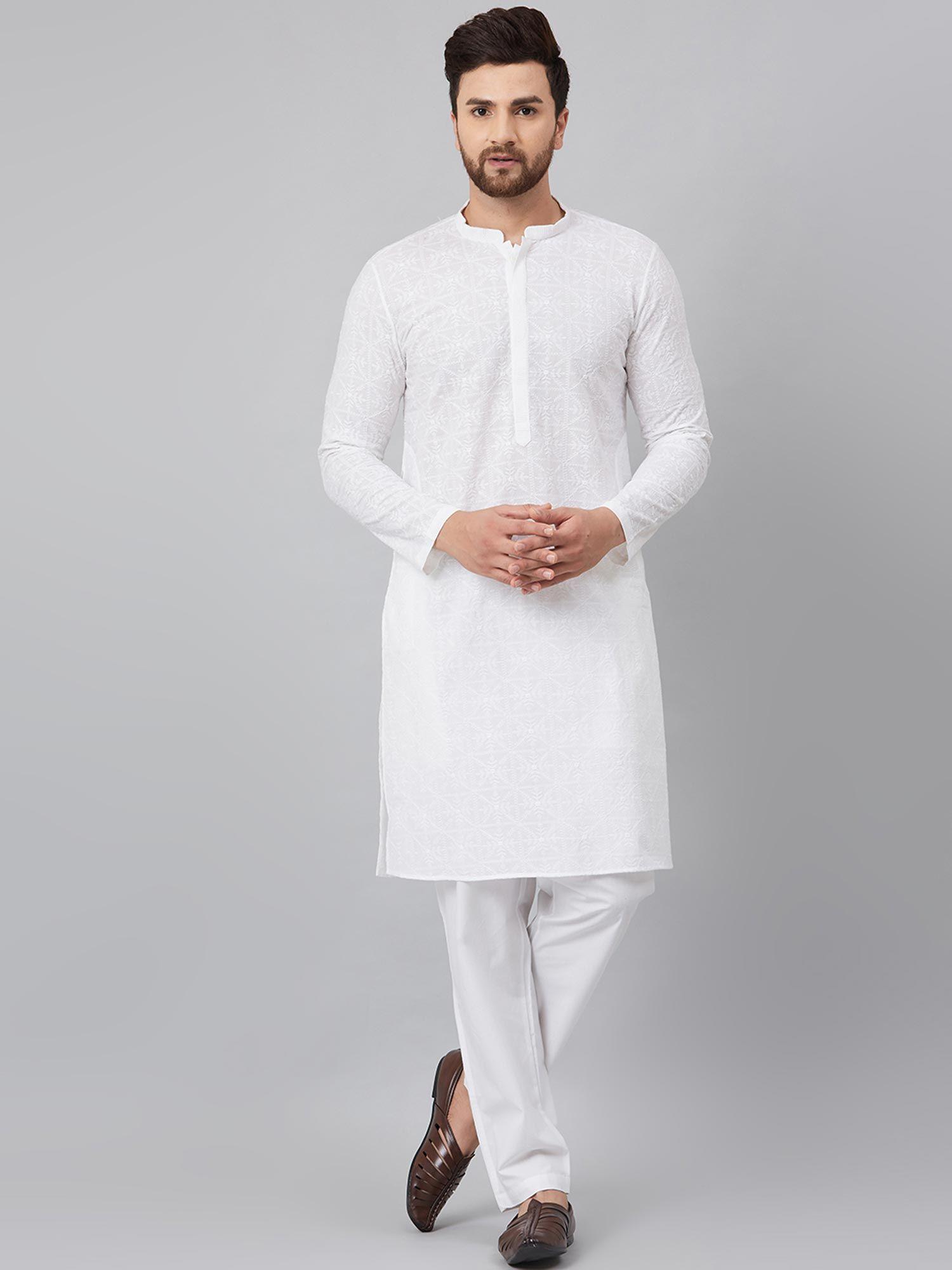 white chikankari embroidered woven design straight kurta with pyjama (set of 2)